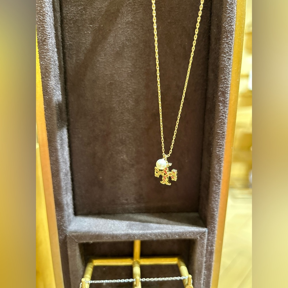 Tory Burch moondance gold  texture Tone pearl Pave small Logo Pendant Necklace -